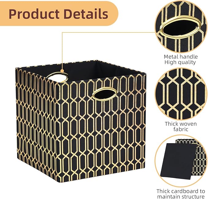 Posprica 11x11x11 Foldable Fabric Storage Cube Organizer Bins Cubby Baskets | Fabric Cubes 11×11 Collapsible Box with Handles Black Gold Geometric Pattern, 4 Pack