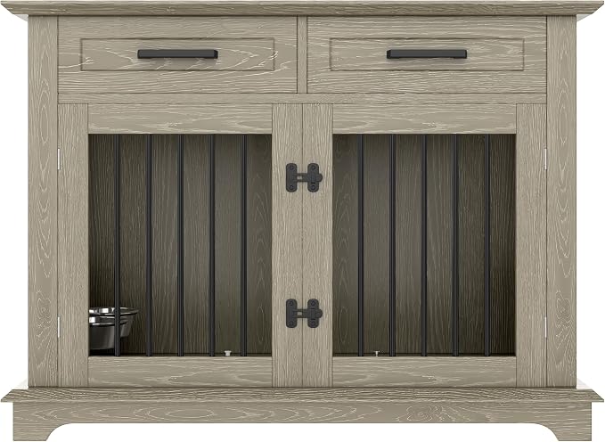 44.48" Dog Crate Furniture, Wooden Furniture Style Dog Crates with Drawers & Rotating Bowls, Indoor Dog Kennel End Table with Double Doors & Secure Locks for Medium to Large Dogs, Gray