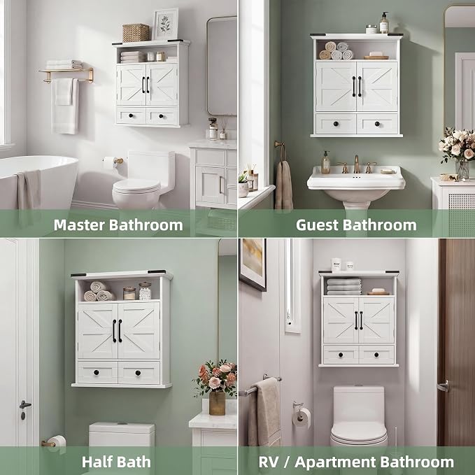 Bathroom Wall Cabinet with Motion LED Light, 23 x 25 Inch, White | Farmhouse over-toilet medicine cabinet with safety drawers, 9-inch depth, and a water-resistant white finish.