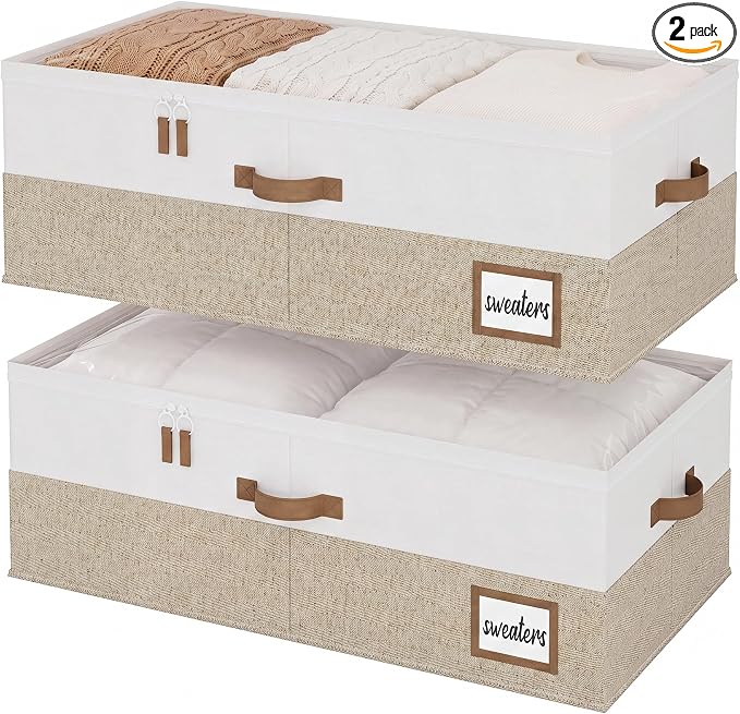 StorageWorks 10 Inch Tall Under Bed Storage Containers with Clear Lid | Reinforced Structure, Resists Sagging, Handles & Label Holder, Foldable Stackable Closet Storage for Clothes, Blankets, Toys
