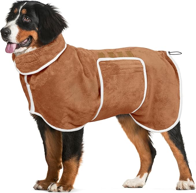 Dog Bathrobe Towel Dog Drying Coat - Super Absorbent Towels Bath Robe for Dogs Large, Soft Adjustable Collar & Belly Strap Fast Drying Coat Pet Cat Bath Robe (Brown, X-Large)