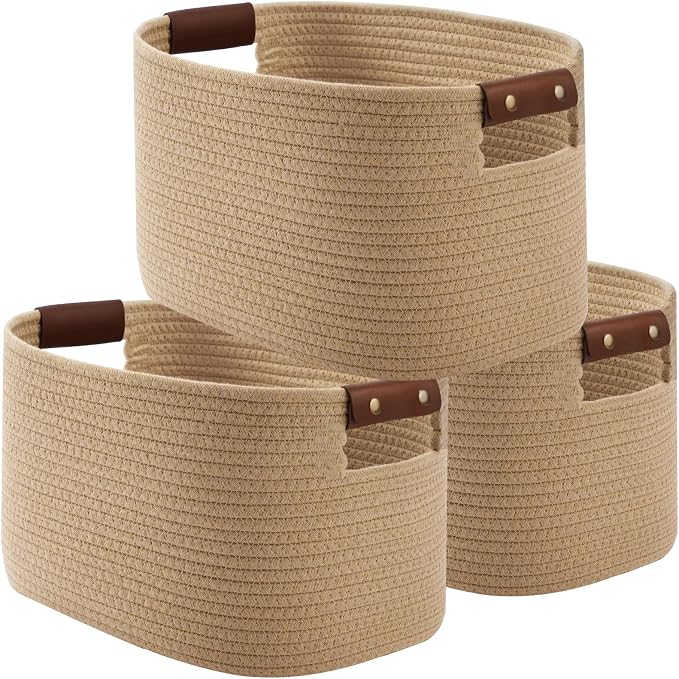 ECDYQXVU 15x10x9 Woven Cotton Rope Storage Basket, Leather Handles 3 Pack | Foldable Design, Sturdy PU Handles, Easy to Clean Organizer for Living Room, Closet, Shelves, Bedroom, Laundry, Clothes