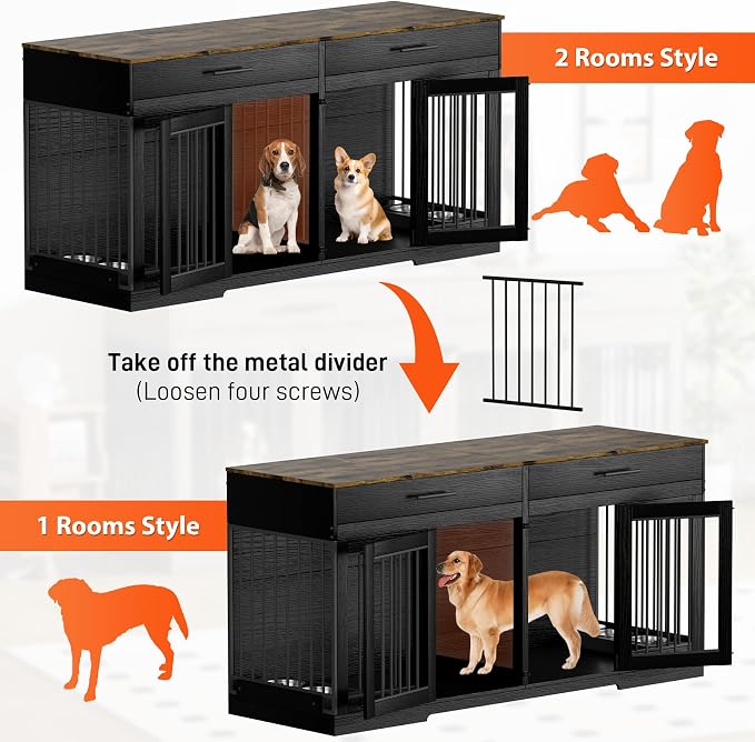 Rophefx 72" Double Dog Crate Furniture with Drawers and Divider, Black | Wooden dog kennel for 2 medium dogs with 2 drawers, removable divider, 4 bowls and TV stand top