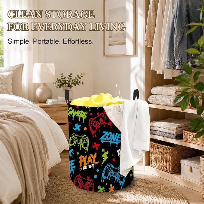 Gaming Zone Laundry Basket, Game Over Collapsible Laundry Hamper Waterproof Oxford Cloth With Handles, Clothes Storage Bucket For Bathroom/Bedroom 16" x 20.8"