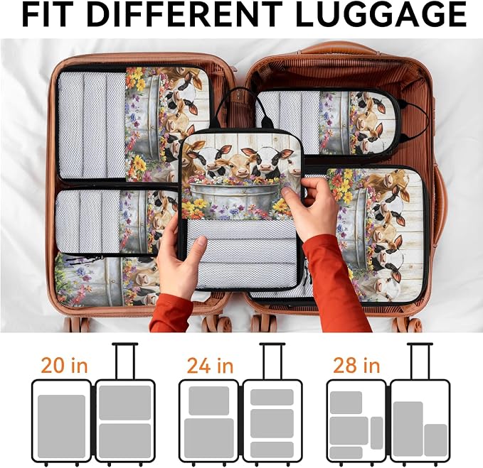 Cute Cow 6 Set Compression Packing Cubes Farmhouse Rustic Cow Flower Expandable Packing Organizer for Travel Accessories Luggage Suitcase Bag