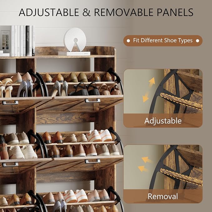 Xixini Shoe Storage Cabinet with 6 Flip Drawers, Entryway Shoe Rack, Brown | Freestanding Narrow Shoe Storage, Hidden Slim Wood Shoe Organizer, Modern Farmhouse, Open Storage & Hooks for Closet, Hallway