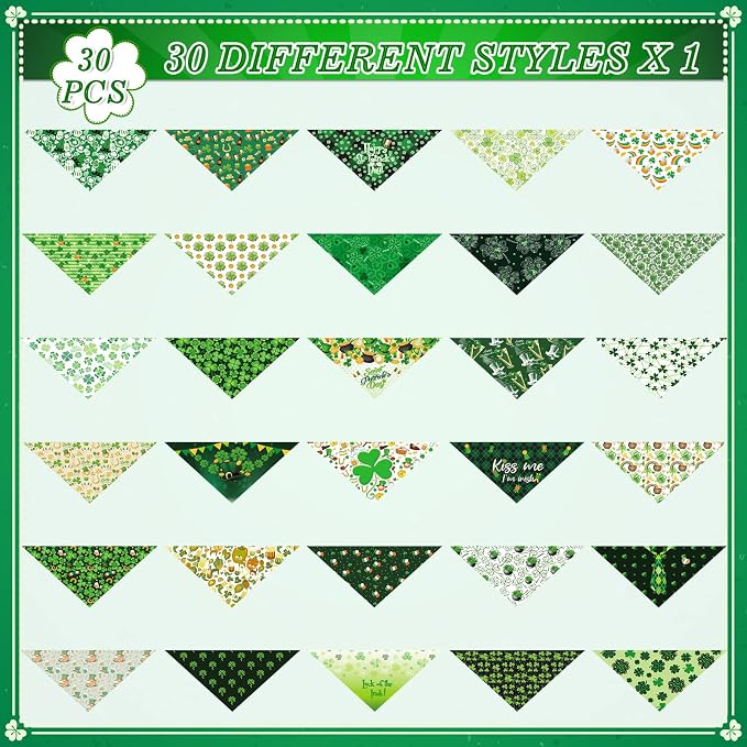 Sanwuta 30 Pieces St. Patrick's Day Dog Bandanas St. Patrick's Day Dog Bibs Holiday Pet Costume Outfit Triangle Scarf Kerchief for Small to Medium Pet