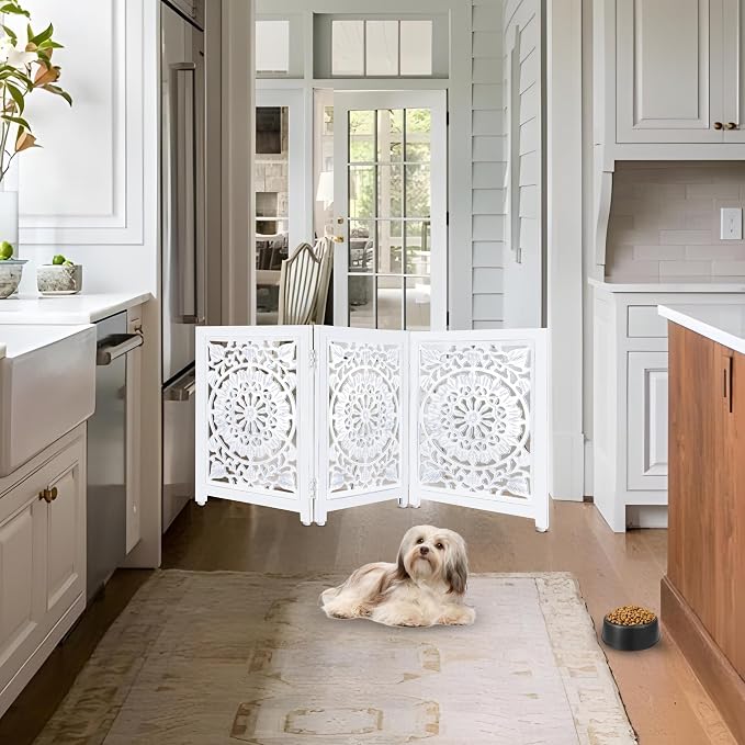 Lightnpro 3-Panel Wooden Dog Gate – Adjustable Freestanding Foldable Pet Safety Barrier, Extra-Wide Indoor Fence for Small Dogs & Pets – 24x54 Inch Antique White