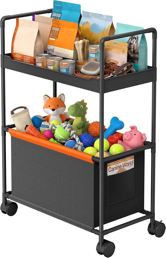 NiHome 2-Tier Dog Toy Basket Storage Cart, Dog Toy Rolling Organizer, Black | Pet Toy Storage Rack, Top Shelf, Oxford Fabric Basket, Metal Frame with 4 Swivel Casters, for Dog Toys, Treats, and Supplies