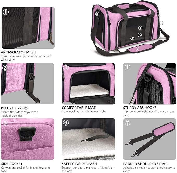 Henkelion Pet Carrier for Small Medium Cats Dogs Puppies up to 15 Lbs, TSA Airline Approved, Soft Sided, Collapsible Travel - Pink (Pack of 2)