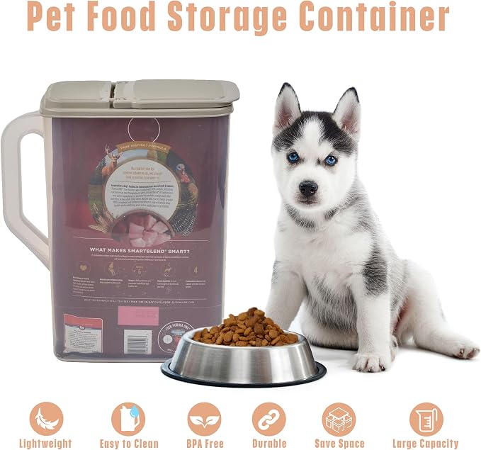 Buddeez Pet Food Storage Container - 8 Quart Capacity Dog / Cat Food & Bird Seed Container with Durable EZ Grip Handle, Flip Gray Lid (includes 1 Cup Clear Scoop) | Durable dry-food storage, For dog food, cat food or bird seed, Includes scoop, desk pet...