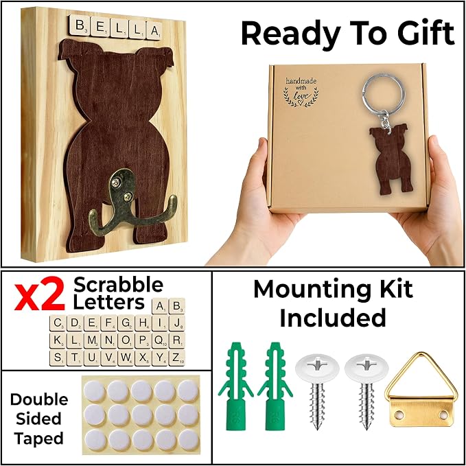 Pitbull Dog Leash Holder Wall Mount with Scrabble Letters, Wooden Dog Wall Hook Organizer, Pet Collar and Harness Hanger for Entryway, Key Hook Gift for Pet Lovers, Home Decoration PF297-55