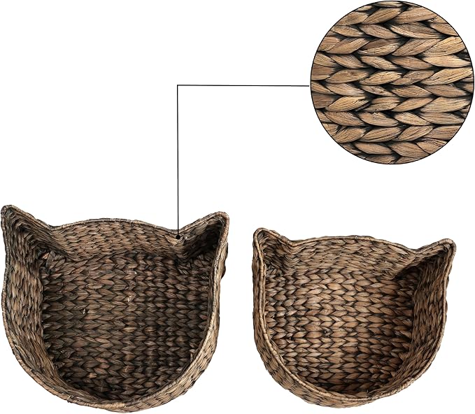BSK4001B-2SET Feliz Cat-Shaped Hand Woven Water Hyacinth Nesting Pet Toy Organizer Baskets, Cay Storage Box for Living Room, Brown (Set of 2)