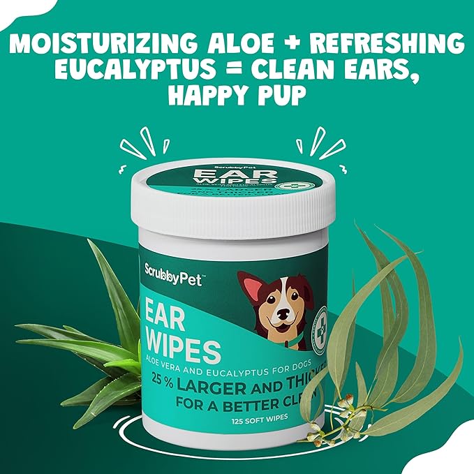 Scrubby Pet Dog Ear Wipes for Dogs | Extra Thick with Aloe Vera & Eucalyptus | 250 Count | Hypoallergenic Ear Cleaner for Dogs with Pearl Texture for Deeper Clean