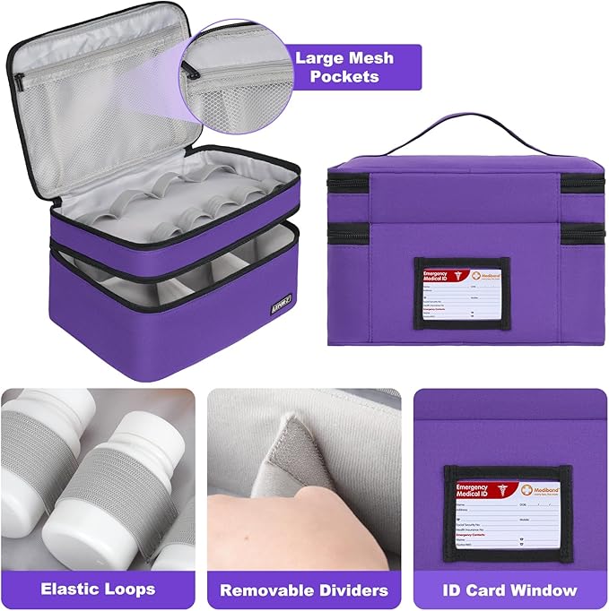 LEFOR·Z Medicine Storage Bag,Double Layers Pill Bottle Organizer Bag Empty | Medical Supplies Bag with Lockable Zipper & Adjustable Divider,Medication Travel Carrying Bag for Pills,Vitamins,Purple