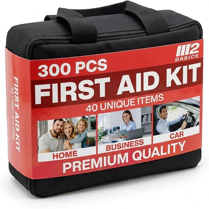 M2 BASICS 300 Piece Premium First Aid Kit w/Durable Bag for Home, Business | Office, Workplace, Car, Garage, Kitchen, Family, Classroom, Jobsite, Warehouse, School, Vehicle And Emergency Preparedness