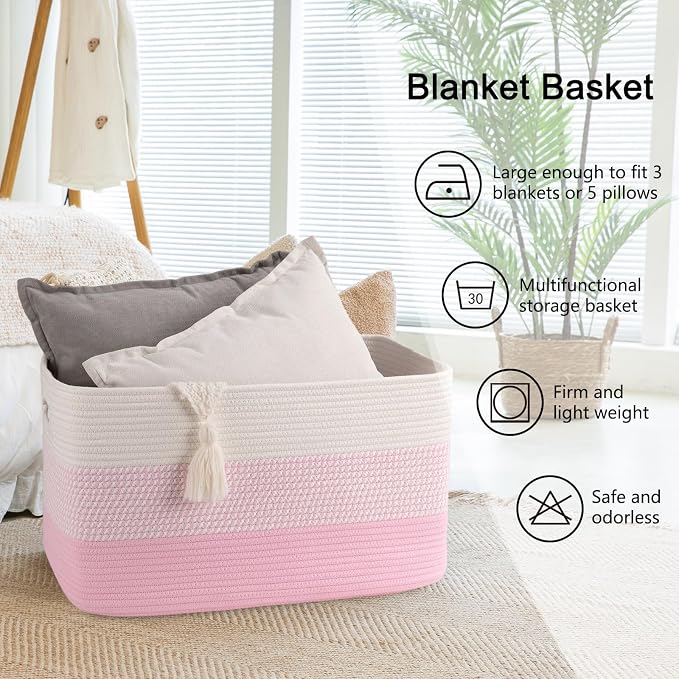 OIAHOMY Blanket Basket Laundry Basket Dog Toy Basket 75L Pink/White | Large Storage Basket,Baby Basket,Toy Storage,Woven Rope Basket for Blankets,Blanket Storage for Living Room