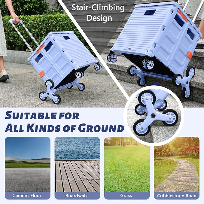 Foldable Utility Cart Collapsible Portable Crate Rolling Carts with Stair Climbing Wheels Tote Basket with Magnetic Lid Telescopic Cover Wear-Resistant 360°Rotate Wheel Noiseless for Shopping Office