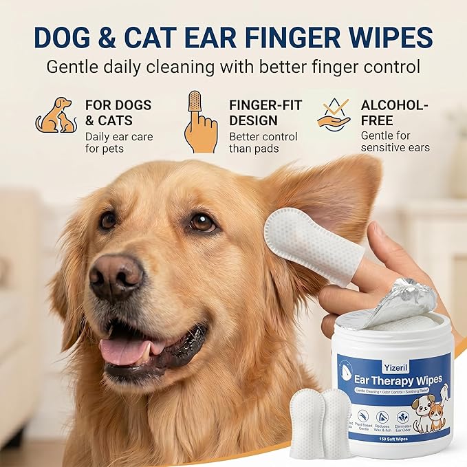 Dog Ear Wipes - 150 Count Finger Ear Cleaner for Dogs and Cats, Alcohol Free Plant Based Ear Cleaning, Remove Wax Dirt Odor