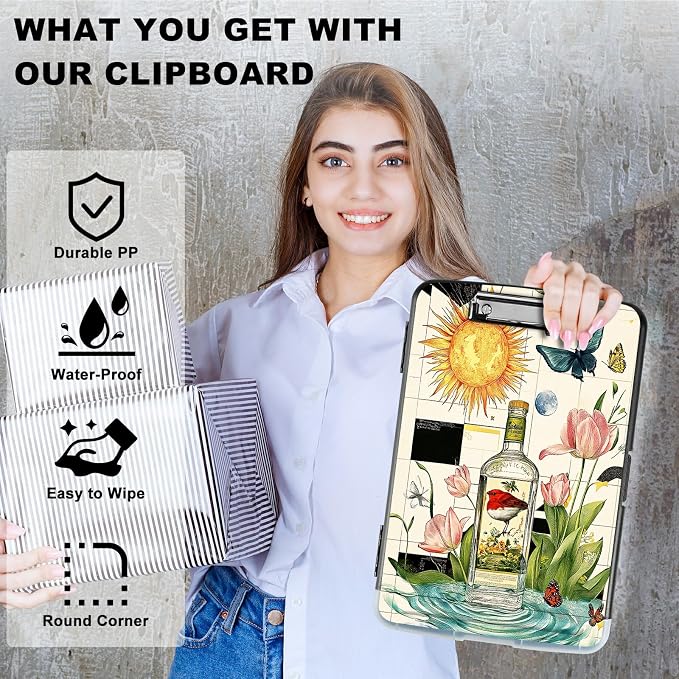 A4 Clipboard with Storage Pen Holder, Clipboards Organizer Nursing Clipboard Foldable File Folder Plastic Clipboard Folio Clip Board for Office Work Classroom Doctor, Sun Drift Bottle