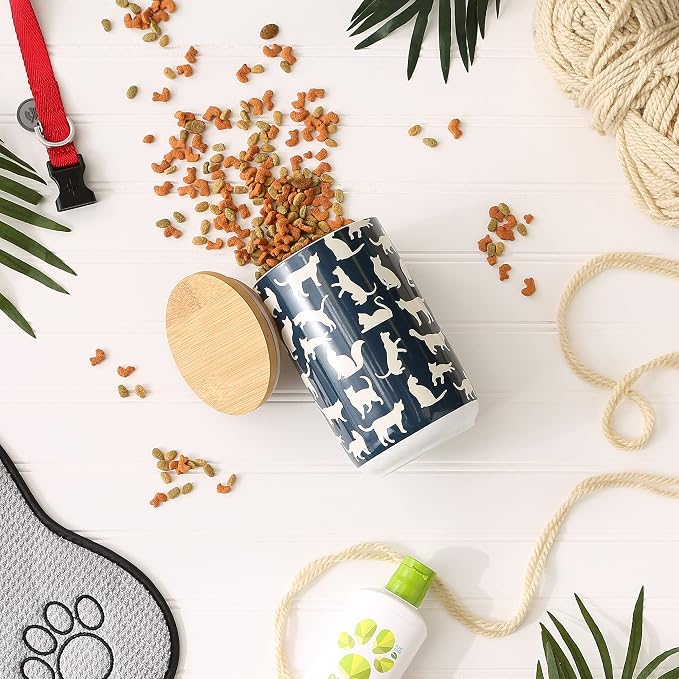 Bone Dry Ceramic Treat Jar for Cats and Dogs, Bamboo Lid, Dishwasher Safe Canister, 4x6.5", Navy, Cat Treats
