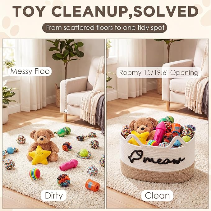 Cat Toy Basket with Cat Ear Handles, 19.5 x 11 x 9 in Woven Cats Toy Bin, Large Two-tone Cotton Rope Storage Box, Meow Words Organizer for Toys, Blankets, Home Decor (White, Linen)