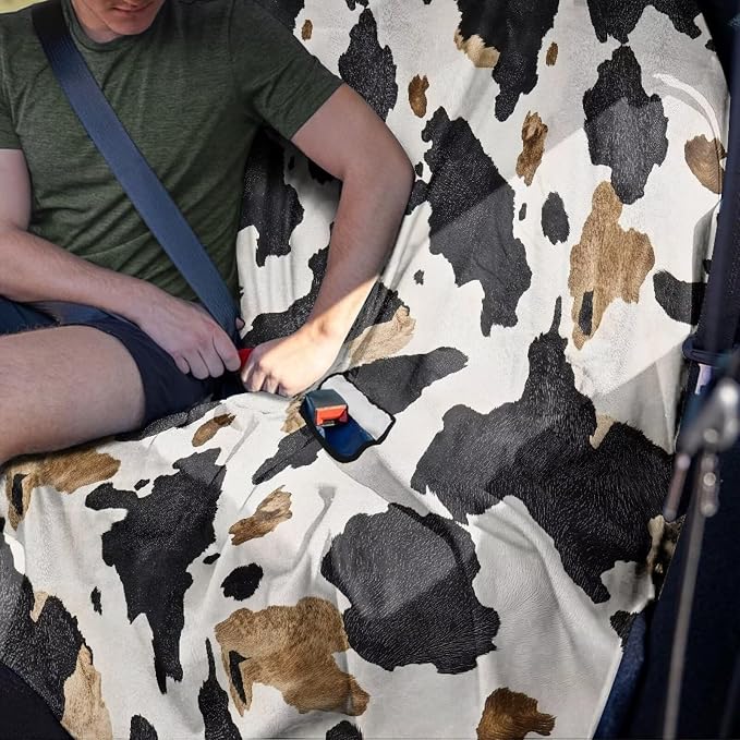 Renewold Back Seat Cover for Car Trucks Van SUV Sedan Rear Bench Towel Seat Covers for Dog in Car Automotive Backseat Mat After Swimming Hiking Gym Camping Blanket Yoga Pad Black Brown Cow Print