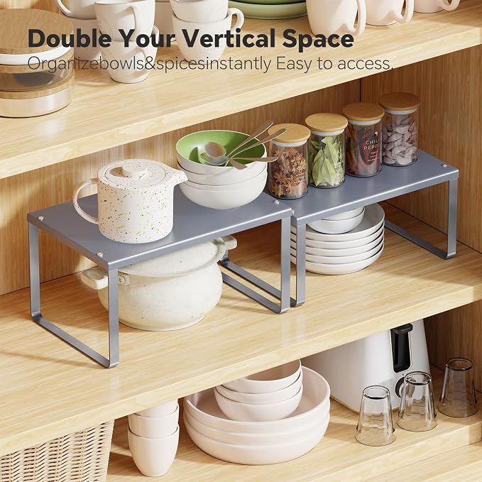 Simple Trending Cabinet Organizer Shelf, Set of 2 Kitchen Counter Shelves, Kitchen Storage, Stackable, Expandable, Metal Spice Rack for Cupboard, Bathroom, Desk, Pantry, Silver
