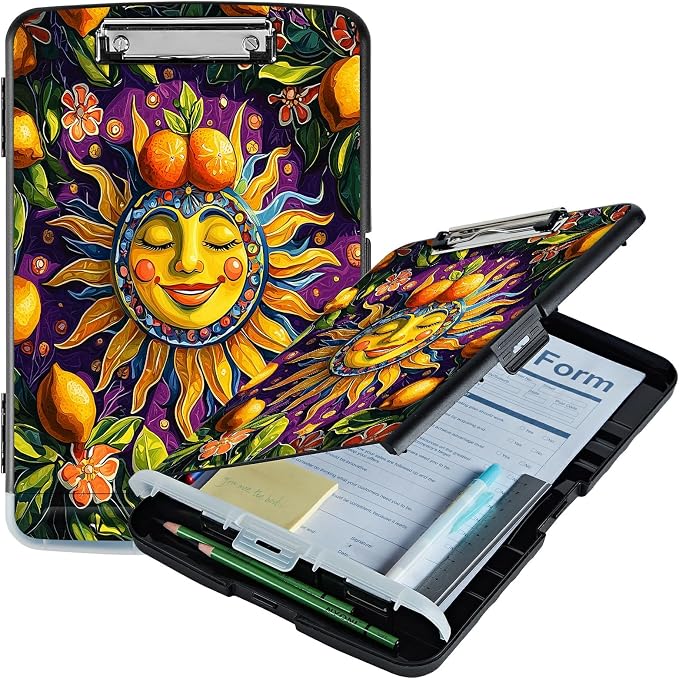 A4 Clipboard with Storage Pen Holder, Clipboards Organizer Nursing Clipboard Foldable File Folder Plastic Clipboard Folio Clip Board for Office Work Classroom Doctor, Sun Lemon