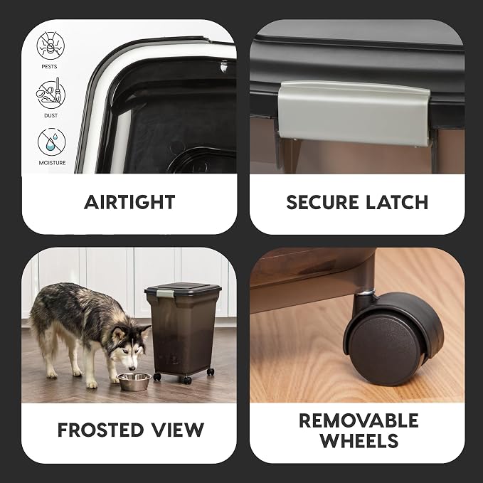 IRIS USA Dog Food Storage Container, Up to 40 lbs, Smoke, Made in USA | Wheels for Mobility, Airtight Seal, BPA-Free, Best for Bird Seed, Cat food, Cat Litter, Chicken Feed, Pellets