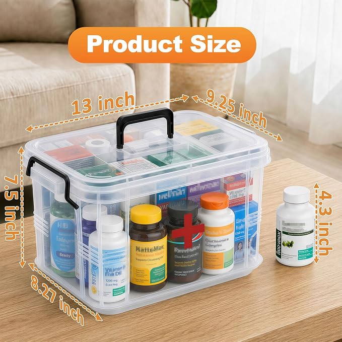15QT Clear Medicine Organizer Box with Handle, Plastic Dorm Medicine Box with Tray, Empty First Aid Boxes, Thickened Medicine Storage Organizer, Multipurpose Medication Organizer Storage, Clear