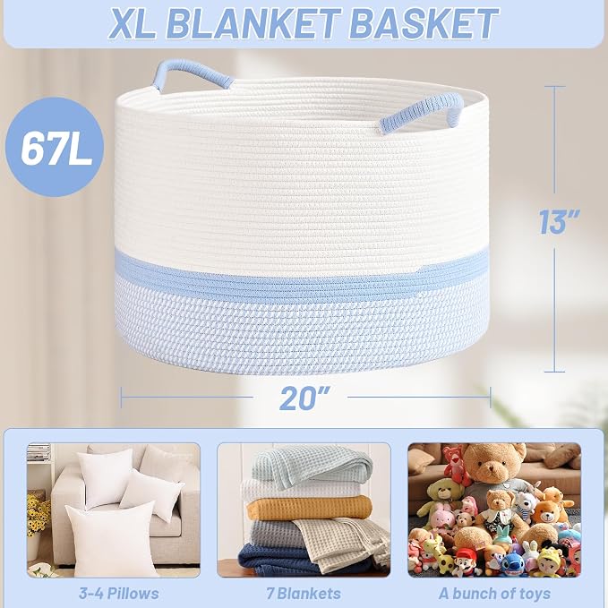 67L Large Blanket Basket, 20"x13" Blanket Basket Living Room, Woven Baskets With Handle, Toy Baskets for Blankets, Nursery, Dog, Pillow, Gift (White & Blue)