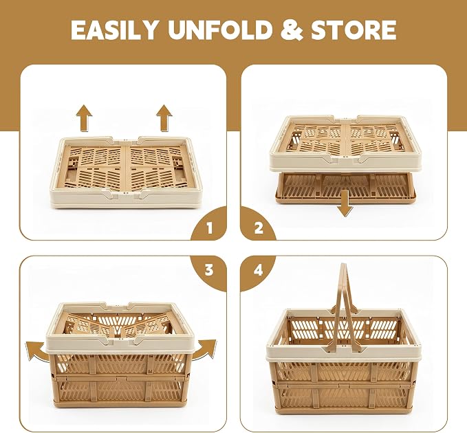 VALESKA 33L Collapsible Crate for storage, Plastic Milk Crate,17inch Collapsible Crates for Storage, Foldable Shopping Basket with Handles,Car Trunk Basket,for Kitchen(Brown)