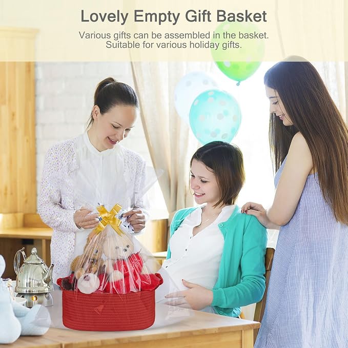 Small Empty Gift Basket with Bag & Ribbons, Red | 12“x8”x5”, Cotton Rope Woven Basket for Birthdays, Baby Showers, Mother's Day, Christmas; Stores Small Items, Kids & Pet Toys