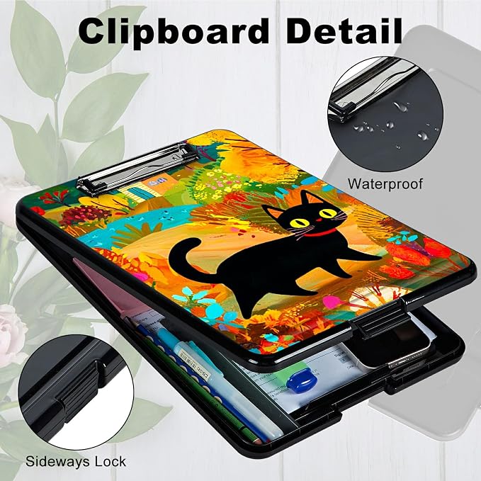 Black Cat in Autumn A4 Clipboard with Storage Pen Holder, Clipboards Organizer Nursing Clipboard Foldable File Folder Plastic Clipboard Folio Clip Board for Office Students Classroom Doctor