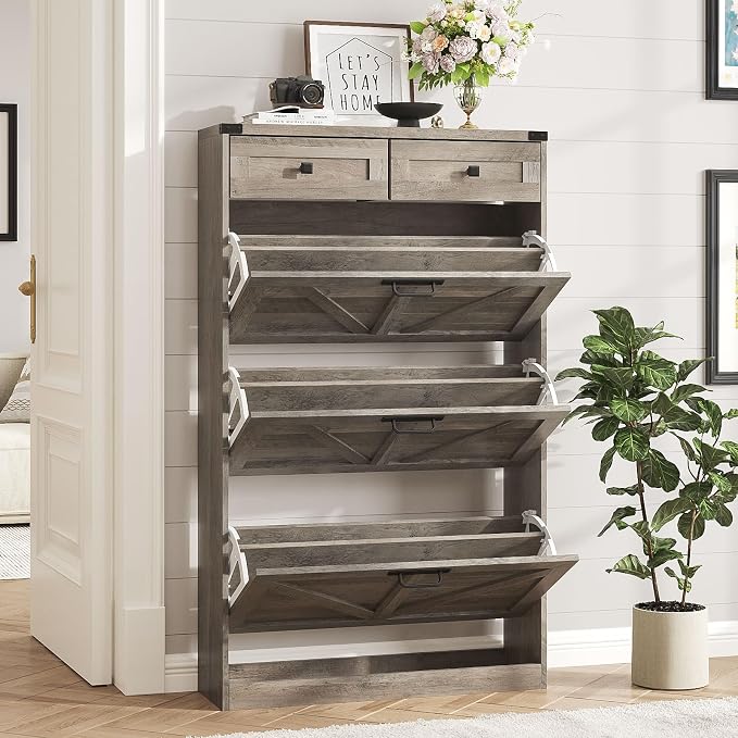 Halitaa Shoe Cabinet with 3 Flip Drawers & 2 Drawers,Freestanding Shoe Storage Cabinet for Entryway,Farmhouse Narrow Slim Organizer Rack for Foyer,Hallway,Grey