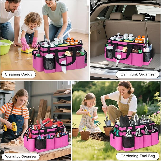 Cleaning Caddy Bag, Extra Large Cleaning Supply Bag for Housekeepers | Sturdy Cleaning Caddy Organizer for Cleaning Supplies with Handle and Adjustable Shouder Strap, Easy to Clean,Rose Pink