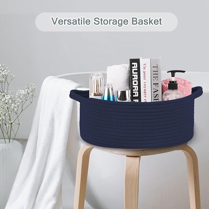 COMSE Empty Small Gift Basket with Bag & Ribbons, Navy Blue | Cotton Rope, 12"x 8"x 5", Baby Toy Organizer, Stores Small Items for Bedrooms, Nurseries, Bathrooms, Living Rooms, Offices
