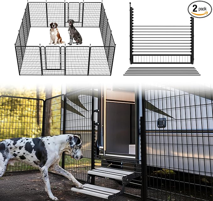 FXW Rollick Dog Playpen with RV Step Grid, 50" H, 16 Panels | Heavy-Duty & Easy setup Play Area, Helps Close Stair Gaps, Fits 32" RV Step Opening, For Ultra Large Dogs, Patented