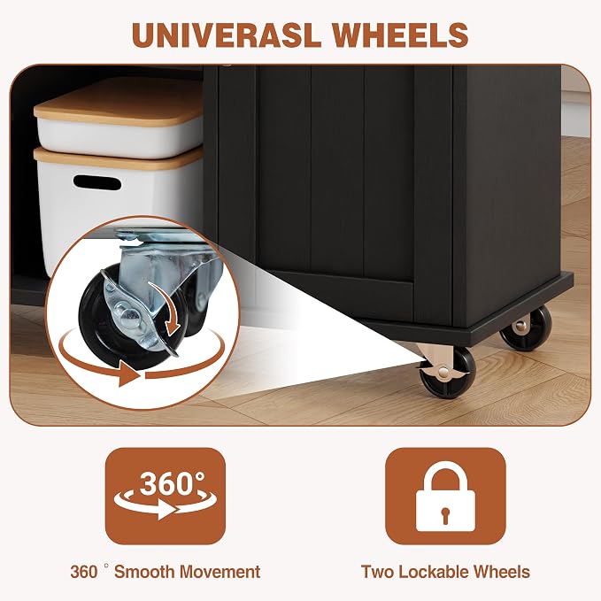 JY QAQA 42" Kitchen Island with Storage on Wheels, Rolling Table with Drop Leaf, Drawers, Cart Handle for Towel Rack or Free Movement, Black