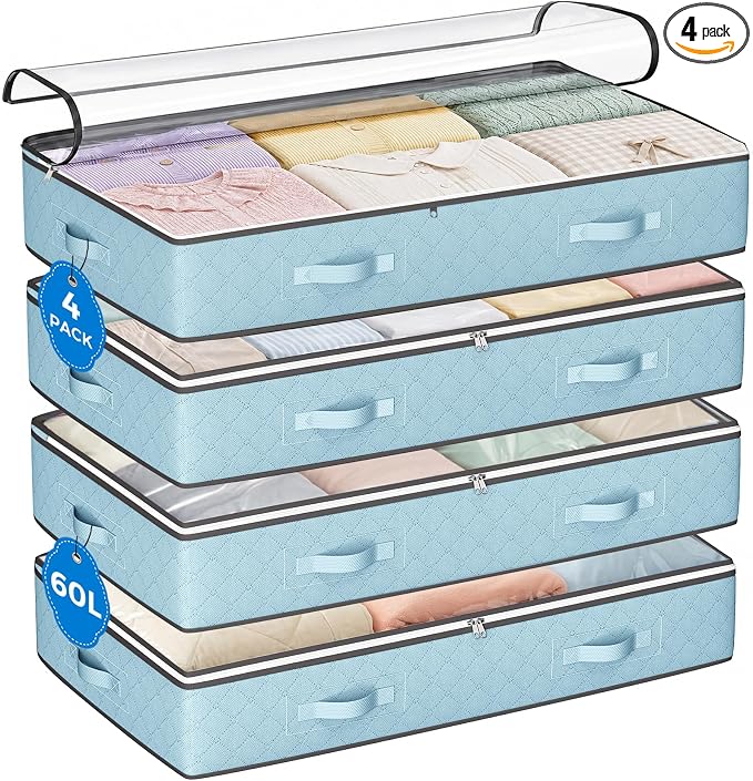 4 Pack Under bed Storage, Storage Bins with Clear Lids | Underbed Storage Bags for Blankets, Towels, Comforter, Sweaters, Linen Sheets, Wrapping Paper