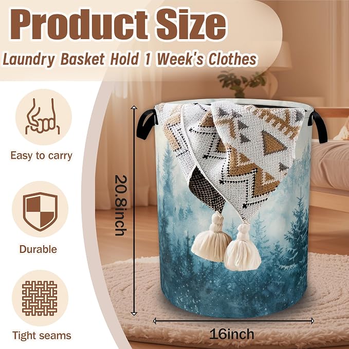 Misty Forest Laundry Baskets,Watercolor Landscape Laundry Hamper,Storage Basket with Handles for Bathroom Bedroom College Dormitory Living Room Nursery Organizer 16"x20.8"
