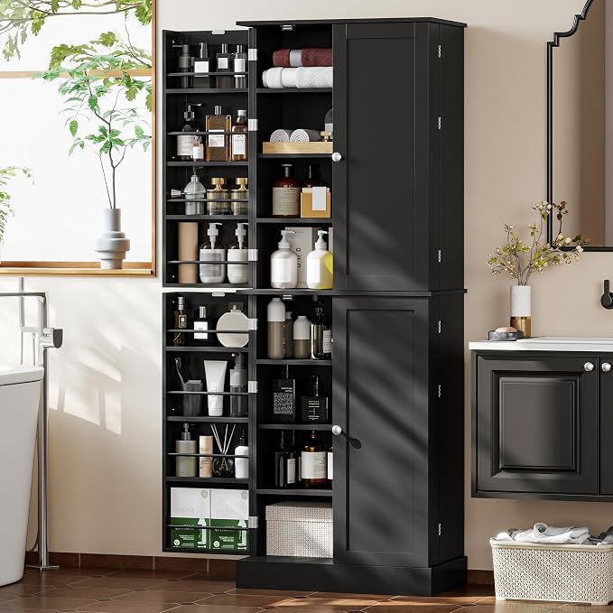 HOMCOM 65" Kitchen Pantry Storage Cabinet 16 Door Shelves Black | Freestanding Kitchen Cabinet, 4 Doors, 8-Tier Shelving, Adjustable Shelves