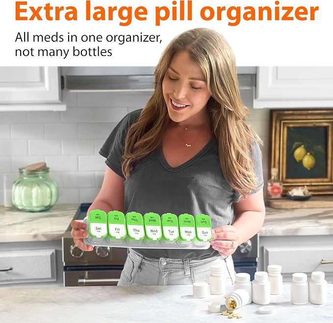 Extra Large Pill Organizer – Weekly Pill Box 7 Day AM PM for Big Vitamins & Supplements, Large Capacity Medication Dispenser with 7 Detachable Compartments, XL Pill Organizer 2 Times a Day