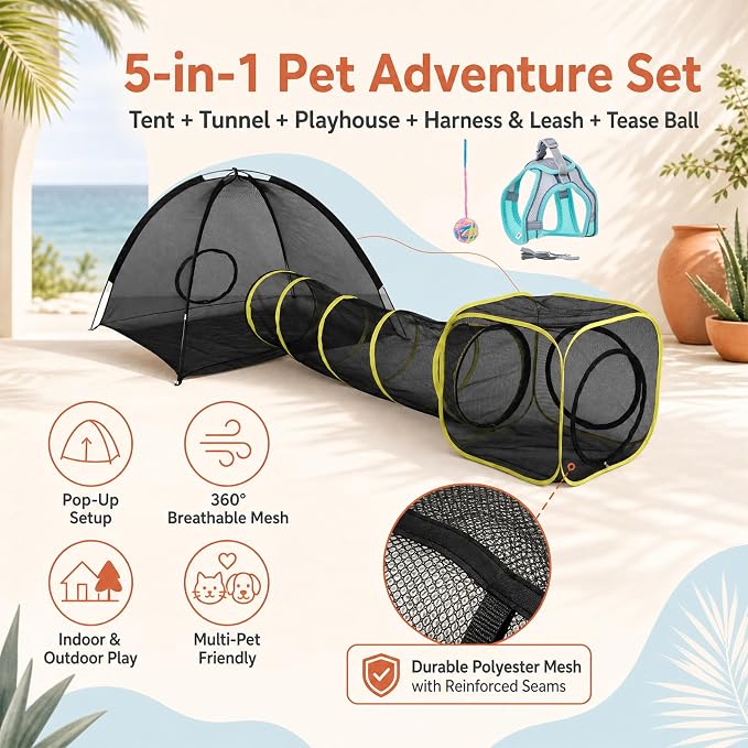 Extra-Large Outdoor Cat Tent for Indoor Cats, Portable 3-in-1 Mesh Cat Enclosure with Tunnel & Playhouse, Outside Cat Playpen for Small Animals, Pop Up Catio with Harness Leash and Tease Ball