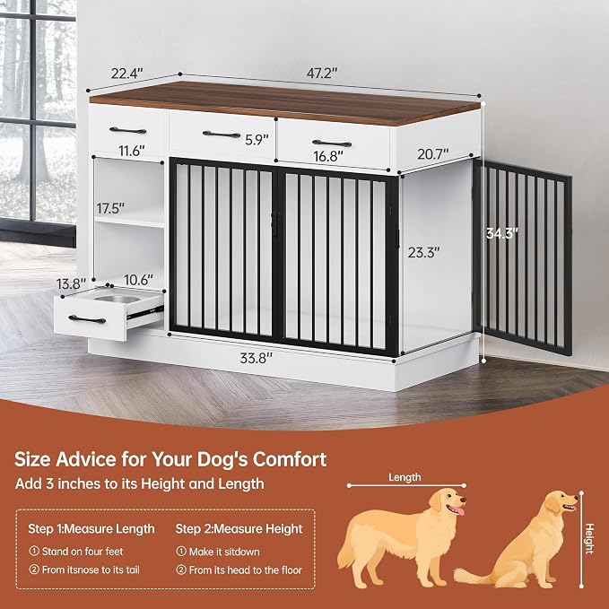 Dog Crate, 47.2" Dog Cage with Hidden Feeder Bowl & 3 Storage Drawers - Wooden Dog Crates with Adjustable Shelf, 2 Doors Dog Kennel Furniture for Medium & Small Dogs, Multi-Functional Pet End Table