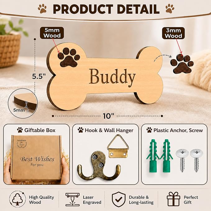 Personalized Dog Bone Leash Holder for Wall Mount, Custom Wooden Bone Leash Hook with Name, Pet Collar and Harness Organizer for Entryway, Key Hook Gift for Pet Lovers & Dog Owners, Home Wall Décor