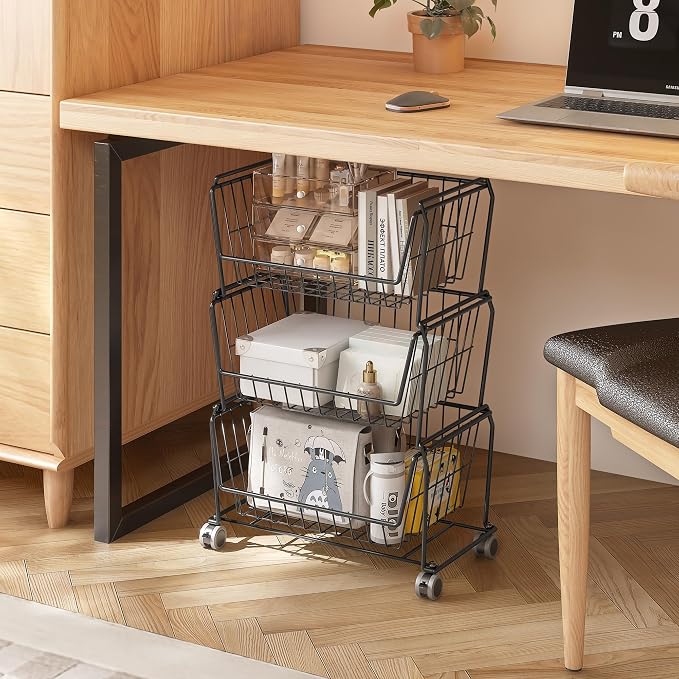 PUSDON 4-Tier Spacious Stackable Wire Storage Baskets with Wheels, Metal Rolling Utility Cart, Produce Basket for Pantry, Bathroom Organizer Shelf, Matte Black