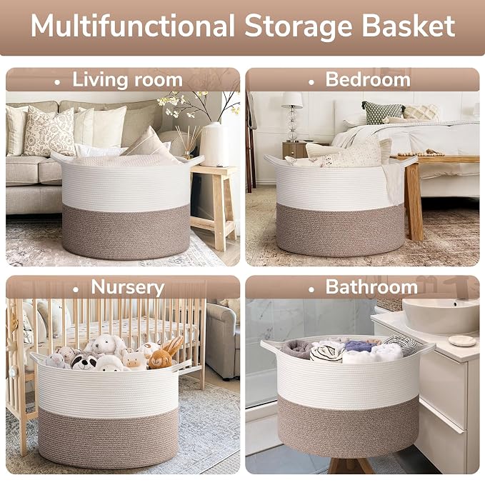 Goodpick Extra Large Woven Blanket Basket Living Room & Playroom, 115L | 23.5 x 23.5 x 15.8 In Storage Basket for Toys Shoes, Cute Baby Laundry Hamper for Towels, Clothes, Mele