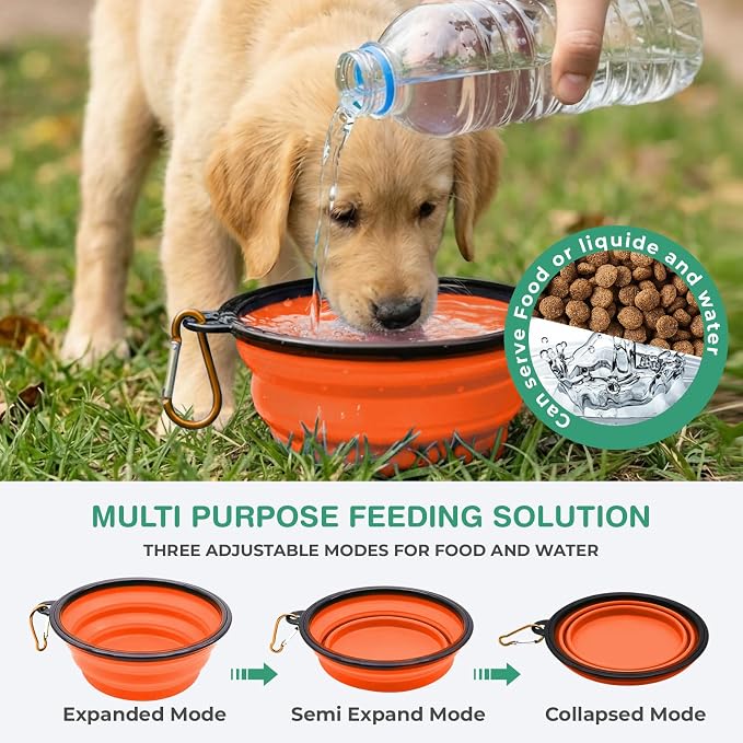Collapsible Dog Bowls for Travel, BPA Free, Orange | Travel, Portable Water Bowl, Food, Foldable Pet Feeding Dish, Walking Hiking Camping with Carabiner, Dogs and Cats